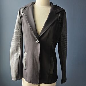 Blanc Noir Leather Accent Hooded Blazer Black Medium